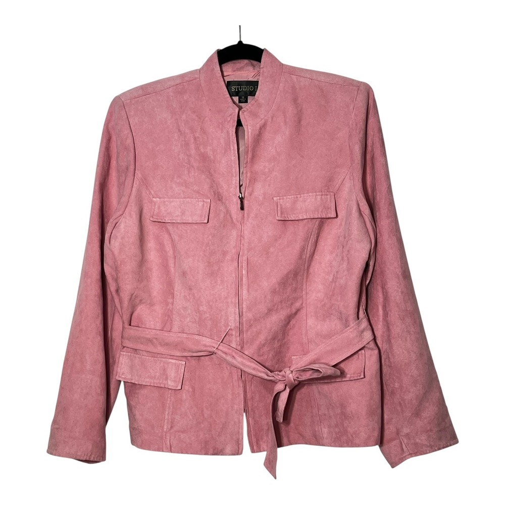 Studio I Pink Faux Suede Zip Front Belted Jacket Mock Neck‎ Womens Size 12